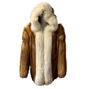 Red Fox Fur Parka Jacket White Fox Trim Size M Genuine Fur Womens Full Zip